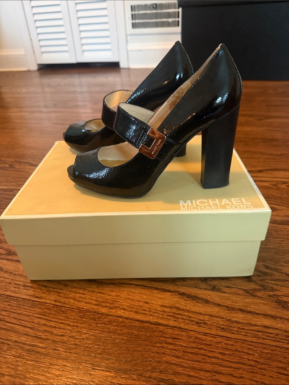 Michael Kors Black Patent Mary Jane Block Heels with Gold Buckle